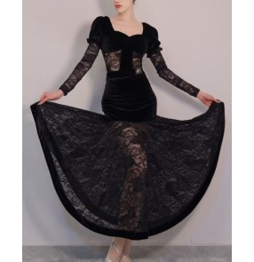 Women young girls black lace velvet ballroom dance dresses waltz tango foxtrot rhythm stage performance long gown for lady